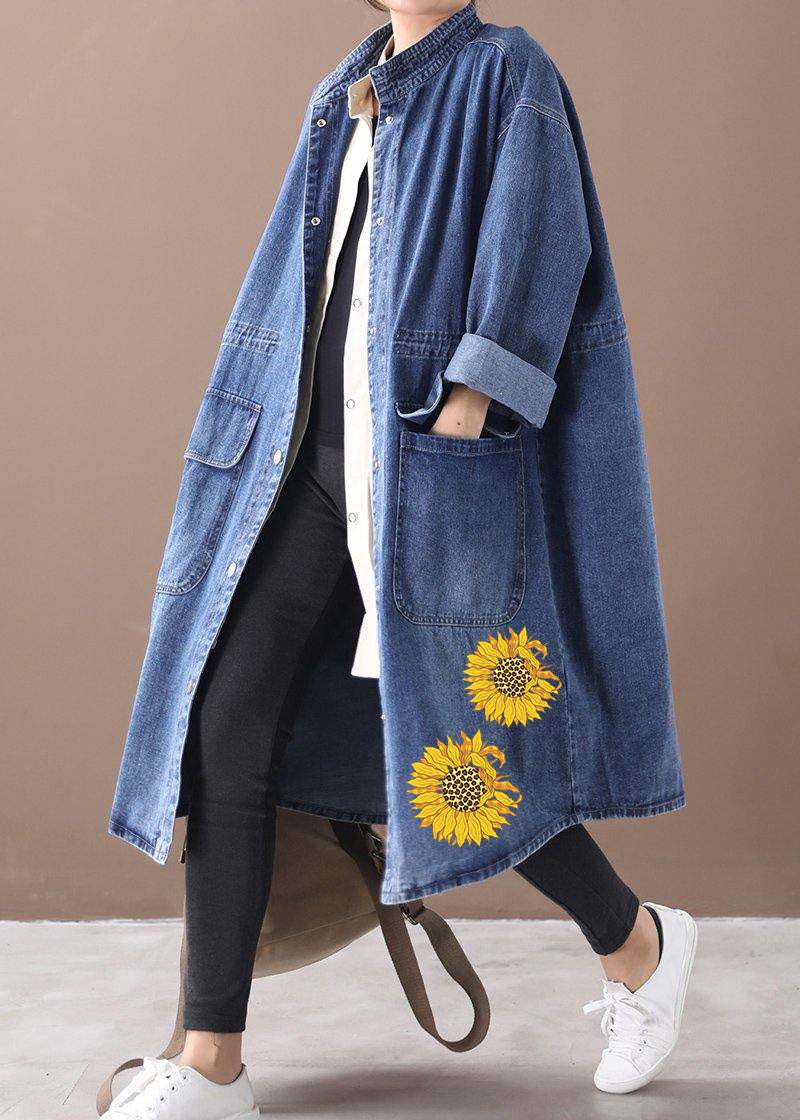 Odette - Plus Size Blue Denim Box Coat with Stand Collar and Drawstring