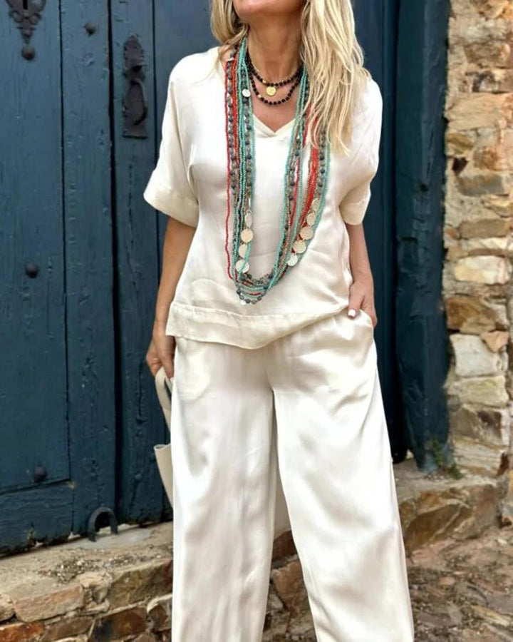 YLARA™ - Elegant White V neck Top & Wide leg Pants Set