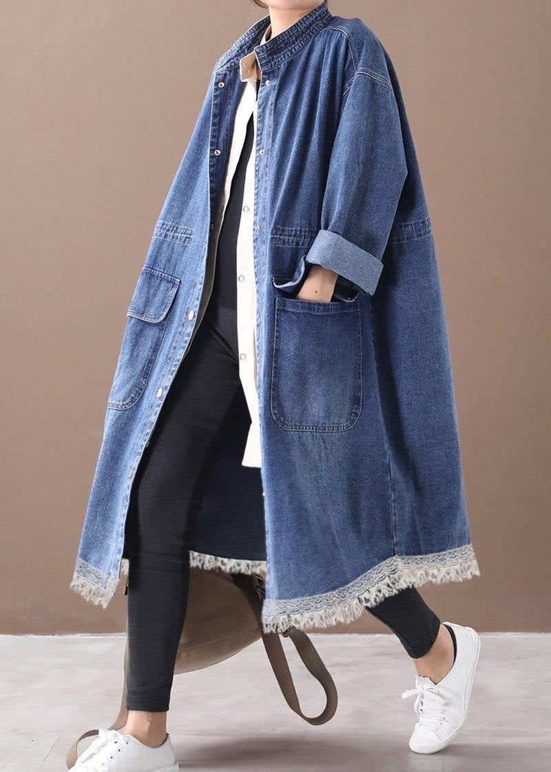 Odette - Plus Size Blue Denim Box Coat with Stand Collar and Drawstring