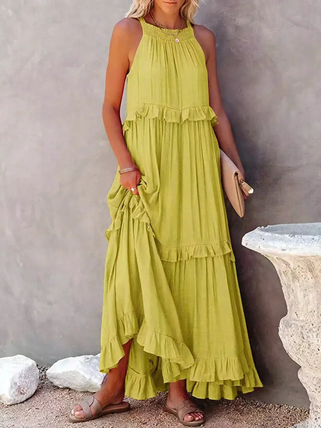 Lizian™ - Sunshine Breeze Halter Ruffle Maxi Dress met Zakken