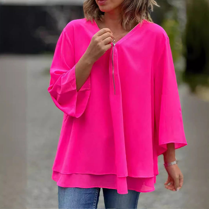 Diva™ - Chiffon Zipper Top With V-neck