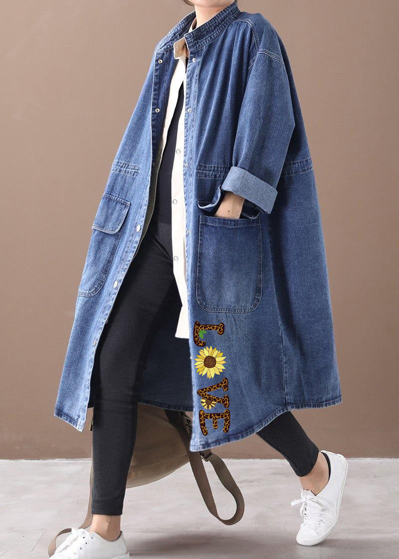 Odette - Plus Size Blue Denim Box Coat with Stand Collar and Drawstring