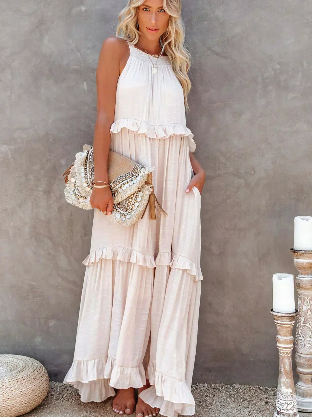 Lizian™ - Sunshine Breeze Halter Ruffle Maxi Dress met Zakken