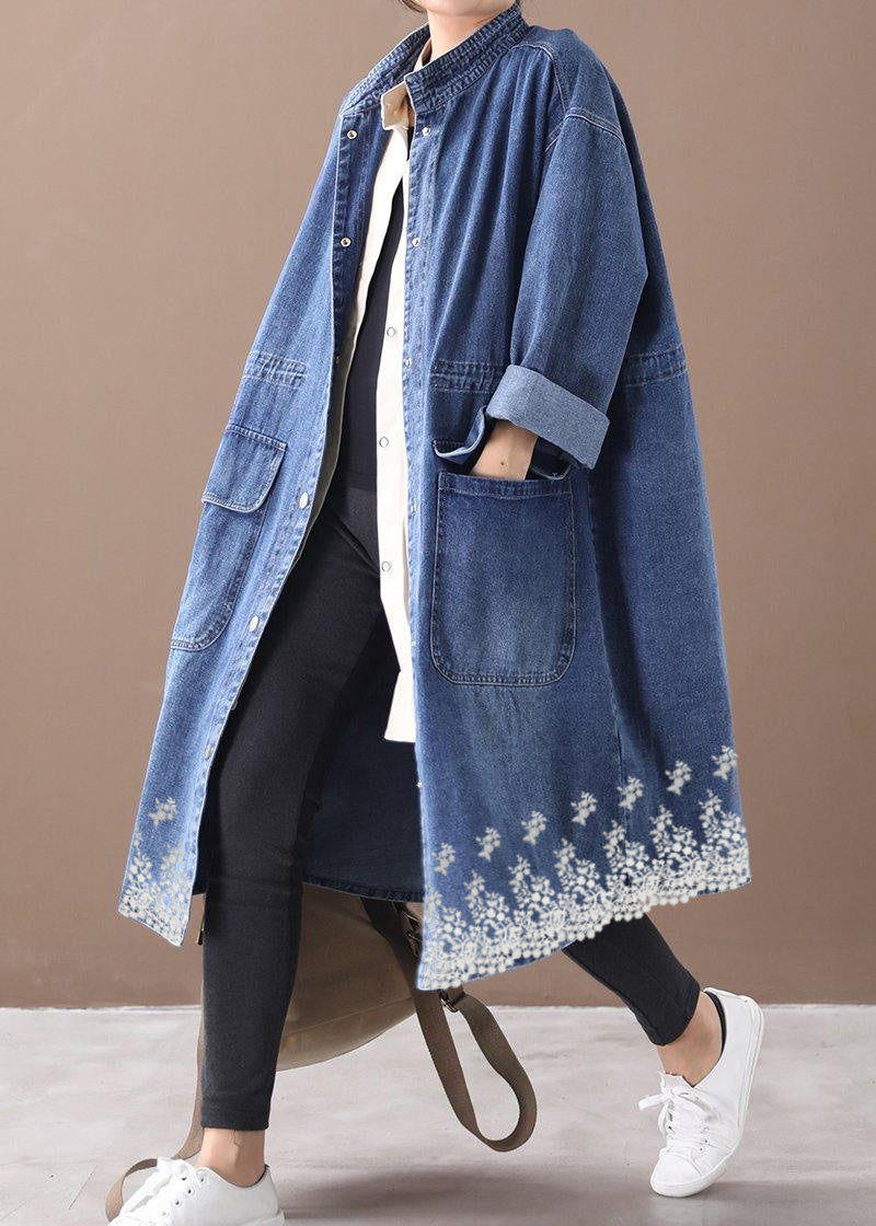 Odette - Plus Size Blue Denim Box Coat with Stand Collar and Drawstring