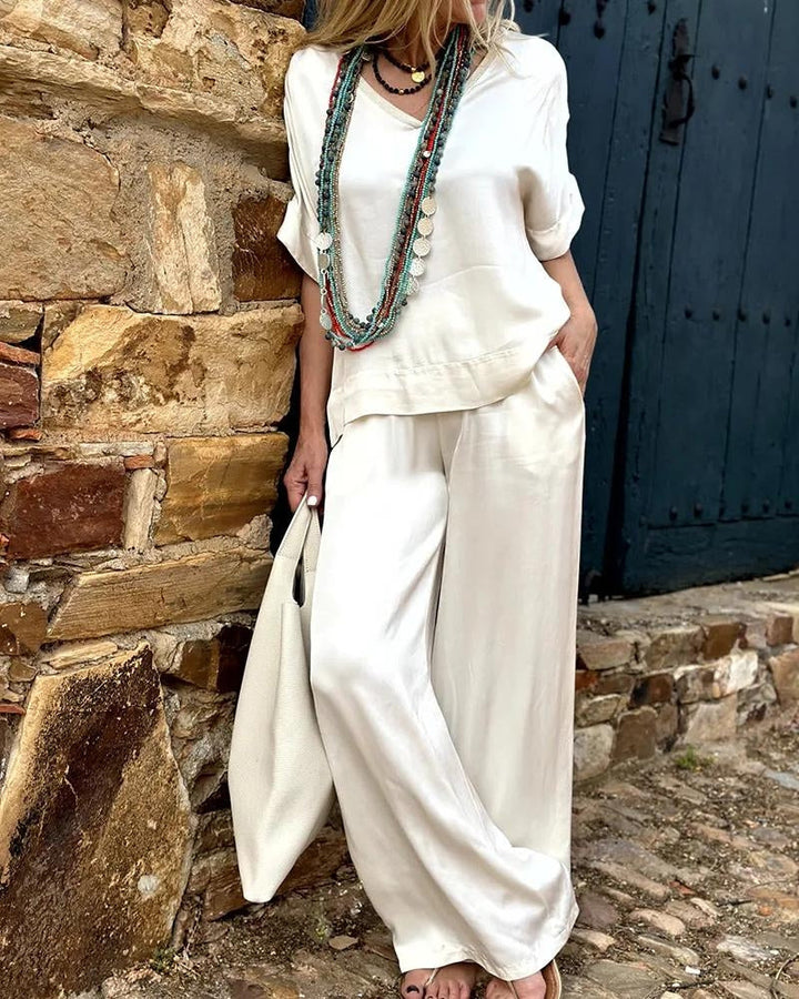 YLARA™ - Elegant White V neck Top & Wide leg Pants Set