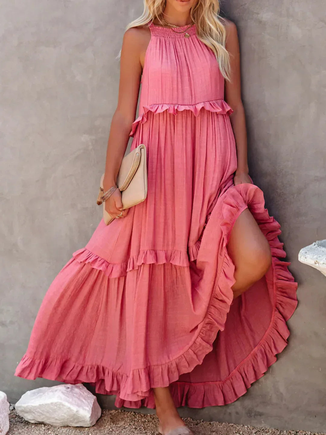 Lizian™ - Sunshine Breeze Halter Ruffle Maxi Dress met Zakken