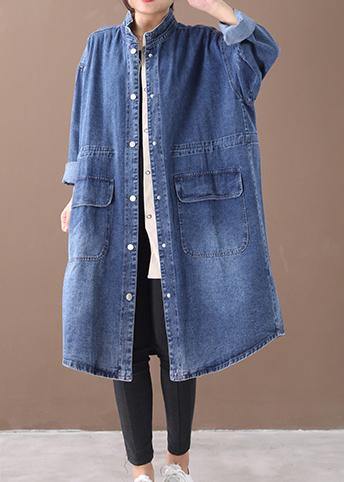 Odette - Plus Size Blue Denim Box Coat with Stand Collar and Drawstring