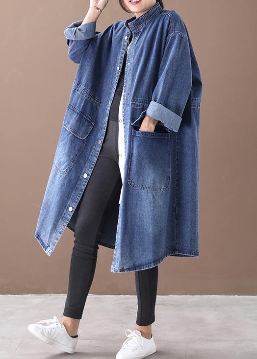 Odette - Plus Size Blue Denim Box Coat with Stand Collar and Drawstring