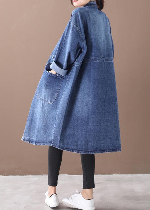 Odette - Plus Size Blue Denim Box Coat with Stand Collar and Drawstring