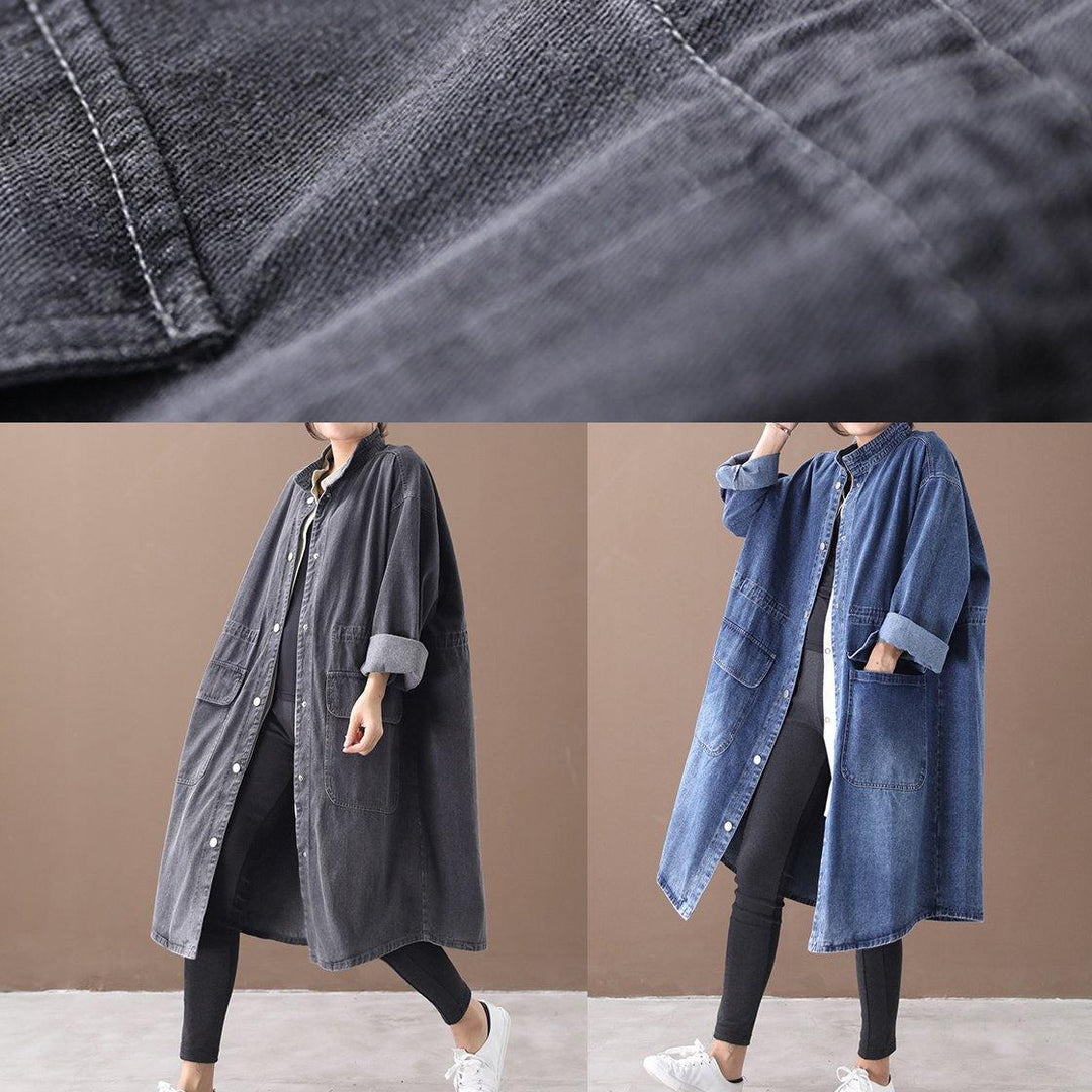 Odette - Plus Size Blue Denim Box Coat with Stand Collar and Drawstring