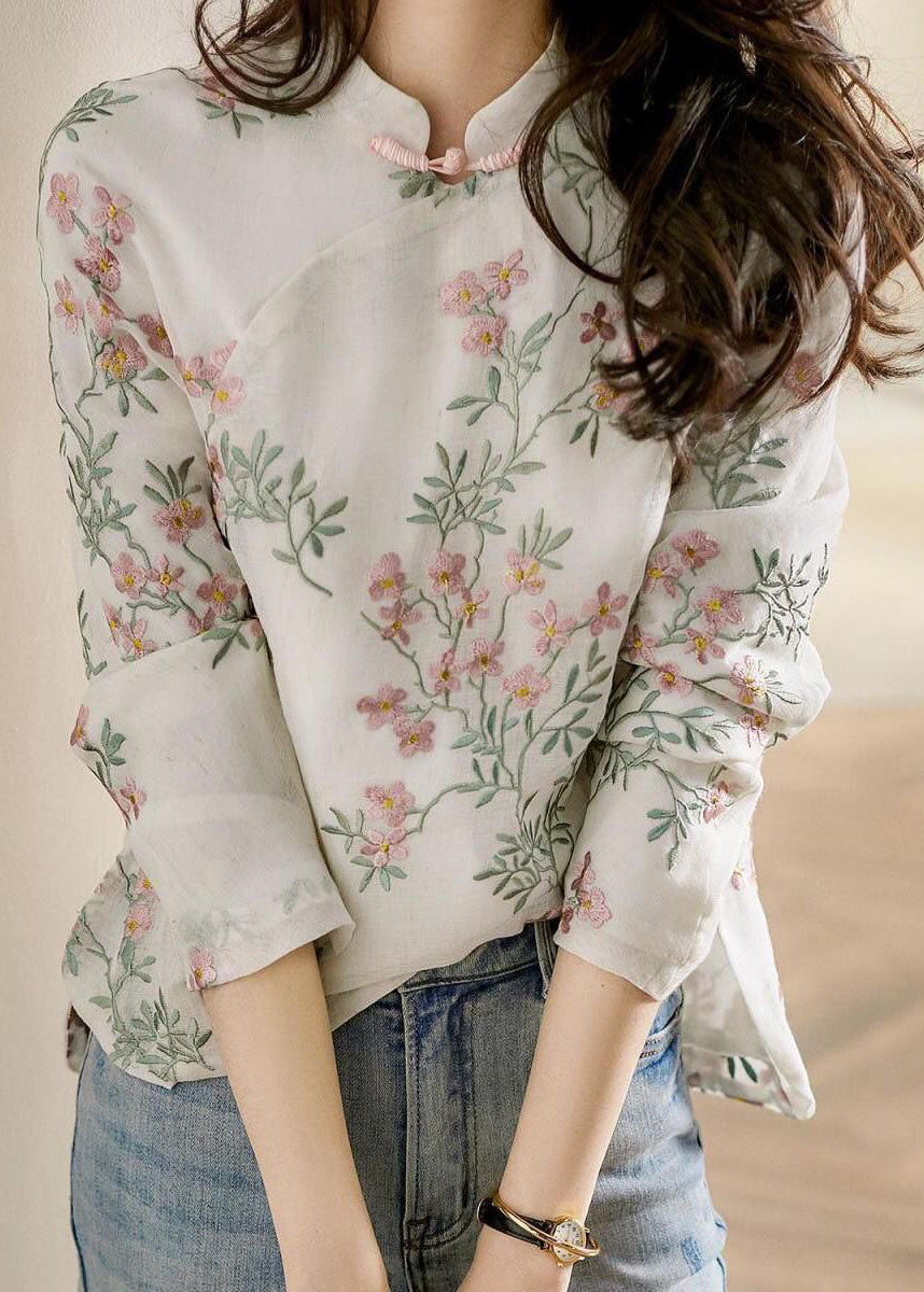 Eiona | Unique Beige Print Linen Blouses Spring