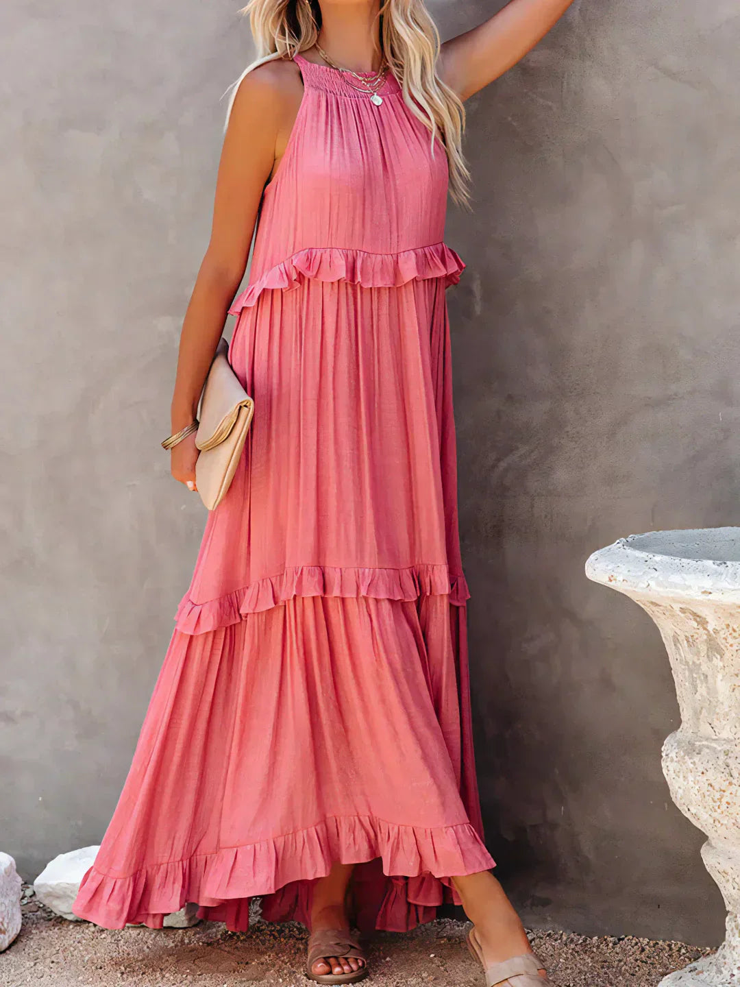 Lizian™ - Sunshine Breeze Halter Ruffle Maxi Dress met Zakken