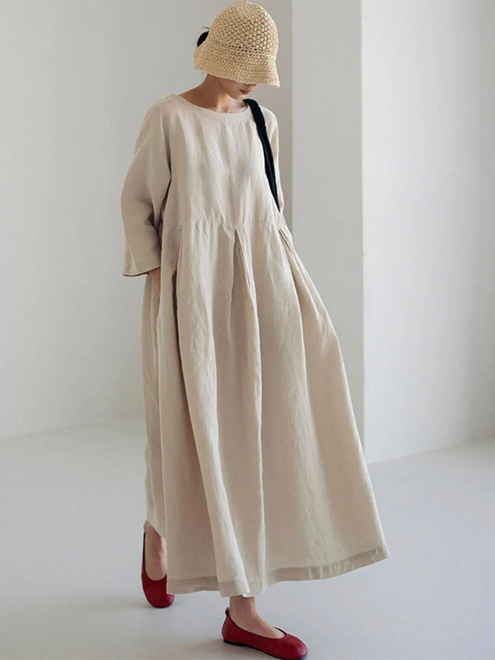 OLIRA - Loose Linen Dress With Side Pockets