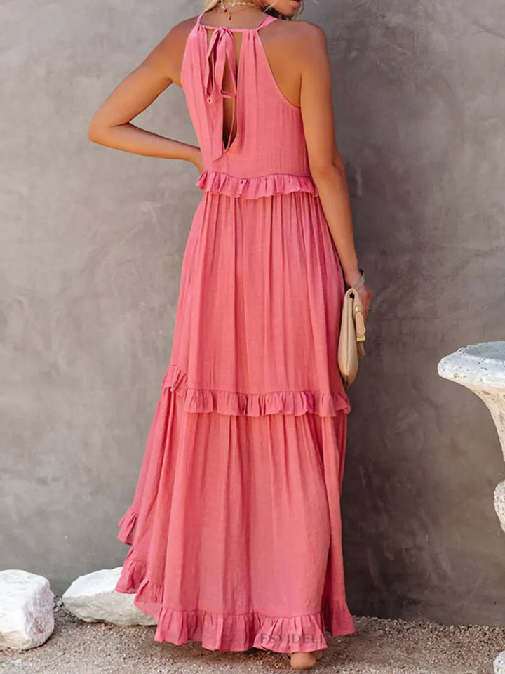 Lizian™ - Sunshine Breeze Halter Ruffle Maxi Dress met Zakken