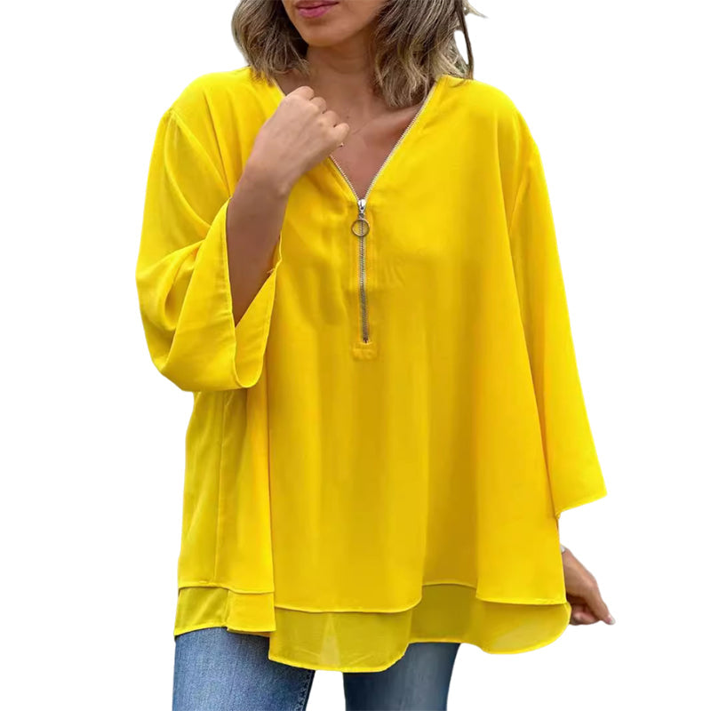 Diva™ - Chiffon Zipper Top With V-neck