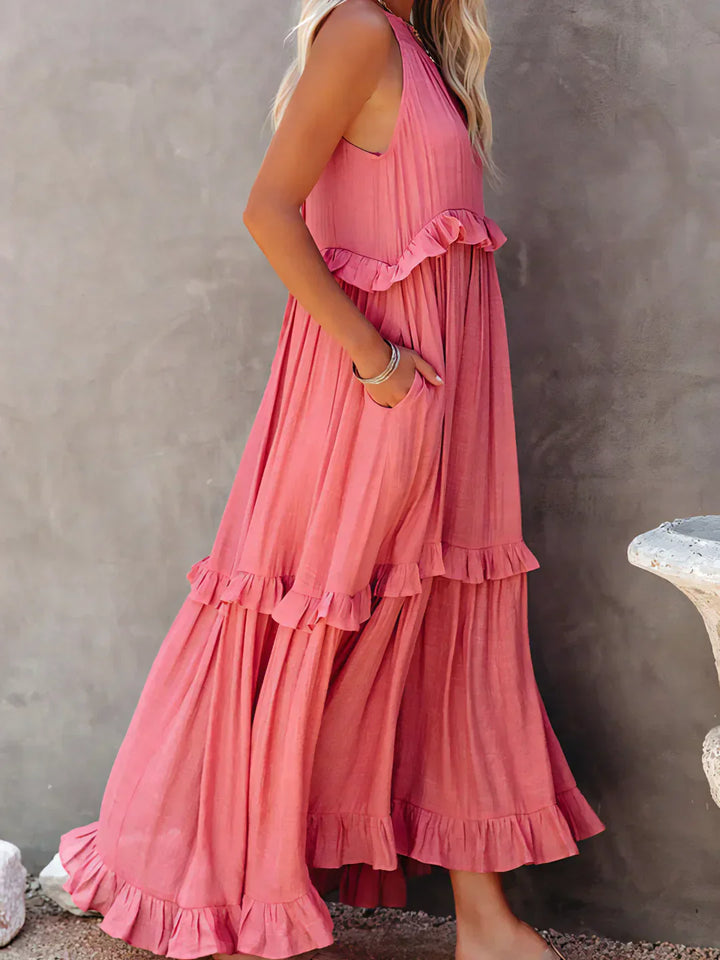 Lizian™ - Sunshine Breeze Halter Ruffle Maxi Dress met Zakken