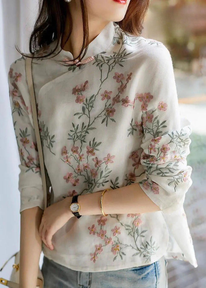 Eiona | Unique Beige Print Linen Blouses Spring