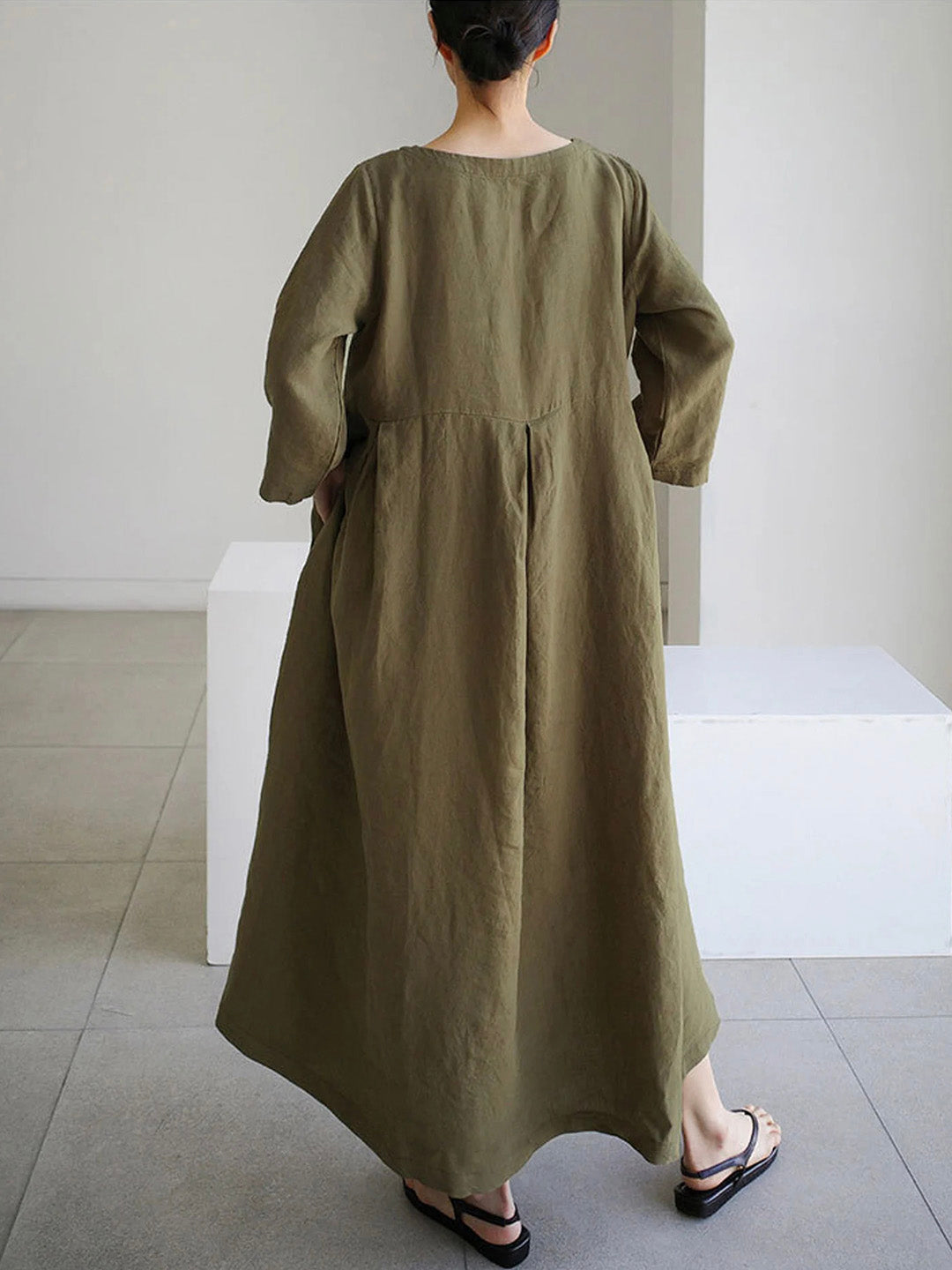 OLIRA - Loose Linen Dress With Side Pockets